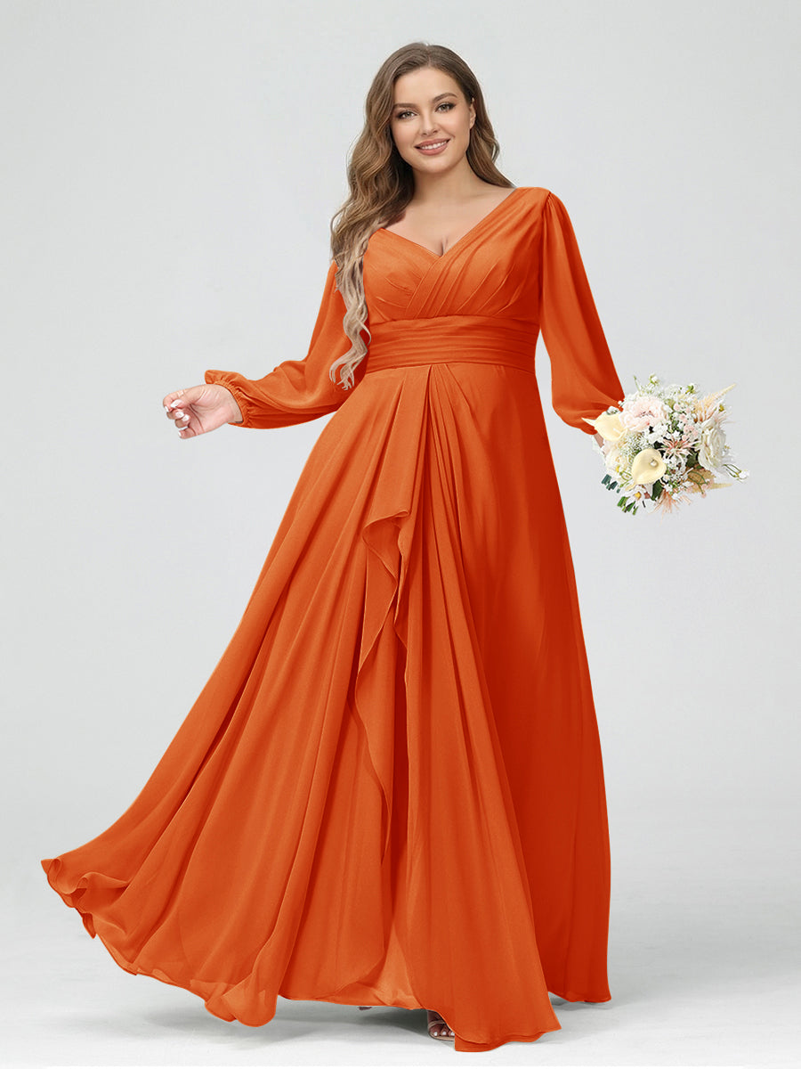 A-Line/Princess V-Neck Long Sleeves Chiffon Ruffles Plus Size Bridesmaid Dresses with Pockets Orange