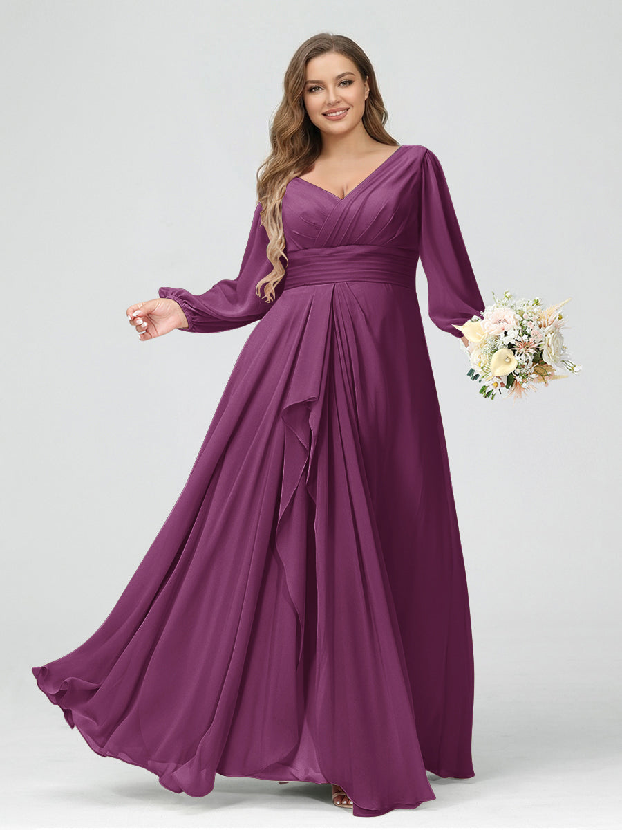 A-Line/Princess V-Neck Long Sleeves Chiffon Ruffles Plus Size Bridesmaid Dresses with Pockets Orchid