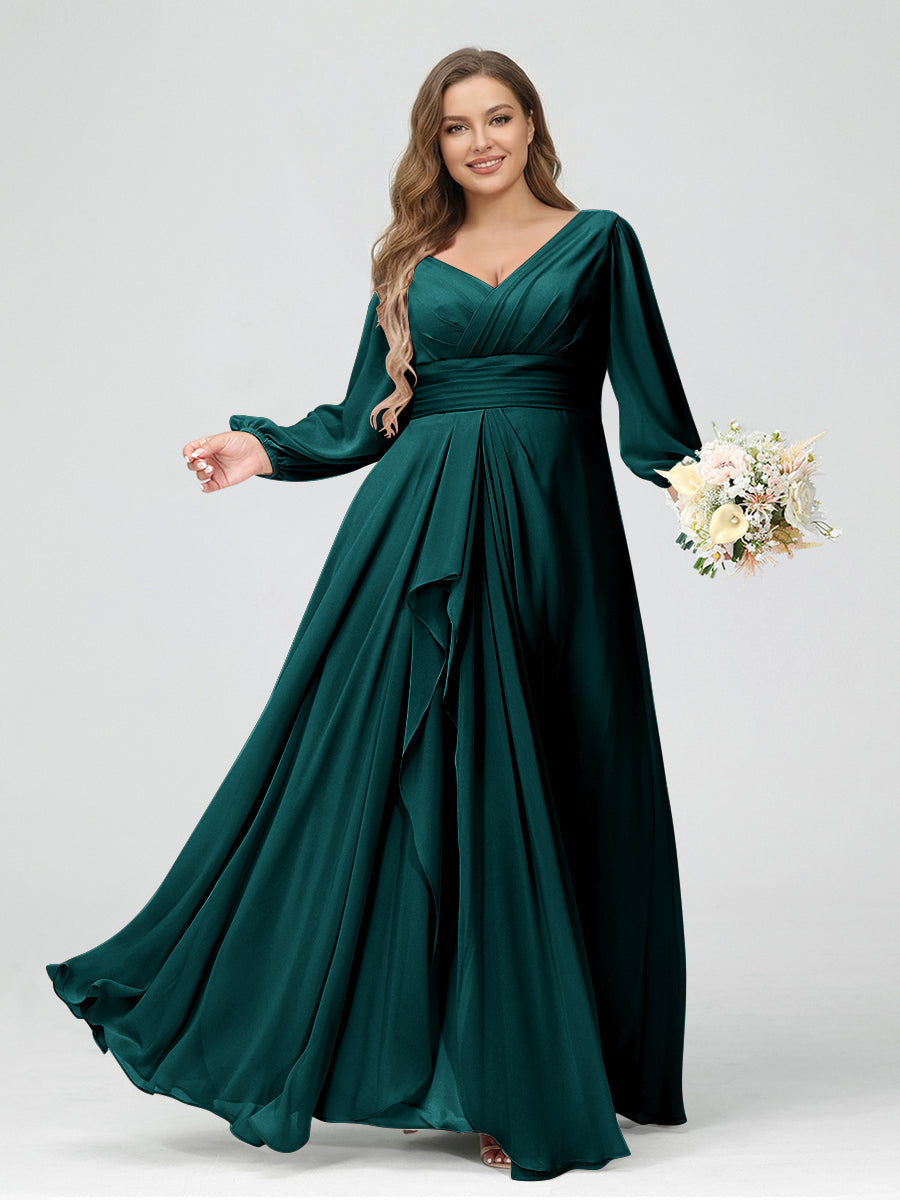 A-Line/Princess V-Neck Long Sleeves Chiffon Ruffles Plus Size Bridesmaid Dresses with Pockets Peacock