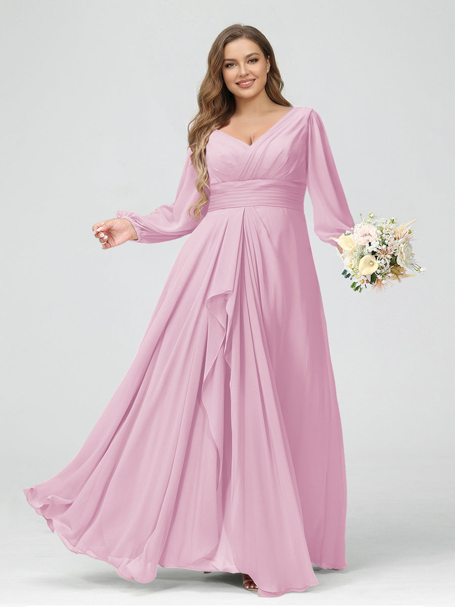 A-Line/Princess V-Neck Long Sleeves Chiffon Ruffles Plus Size Bridesmaid Dresses with Pockets Pink