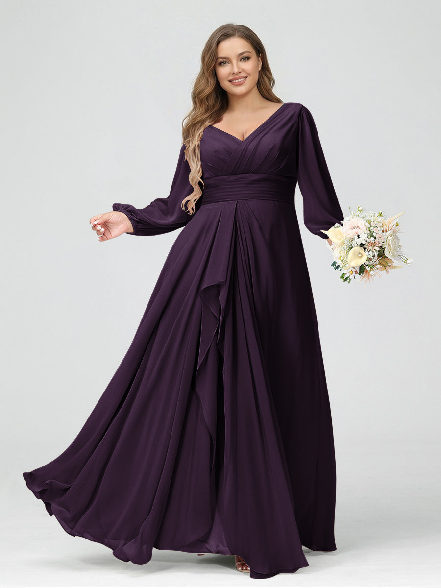 A-Line/Princess V-Neck Long Sleeves Chiffon Ruffles Plus Size Bridesmaid Dresses with Pockets Plum