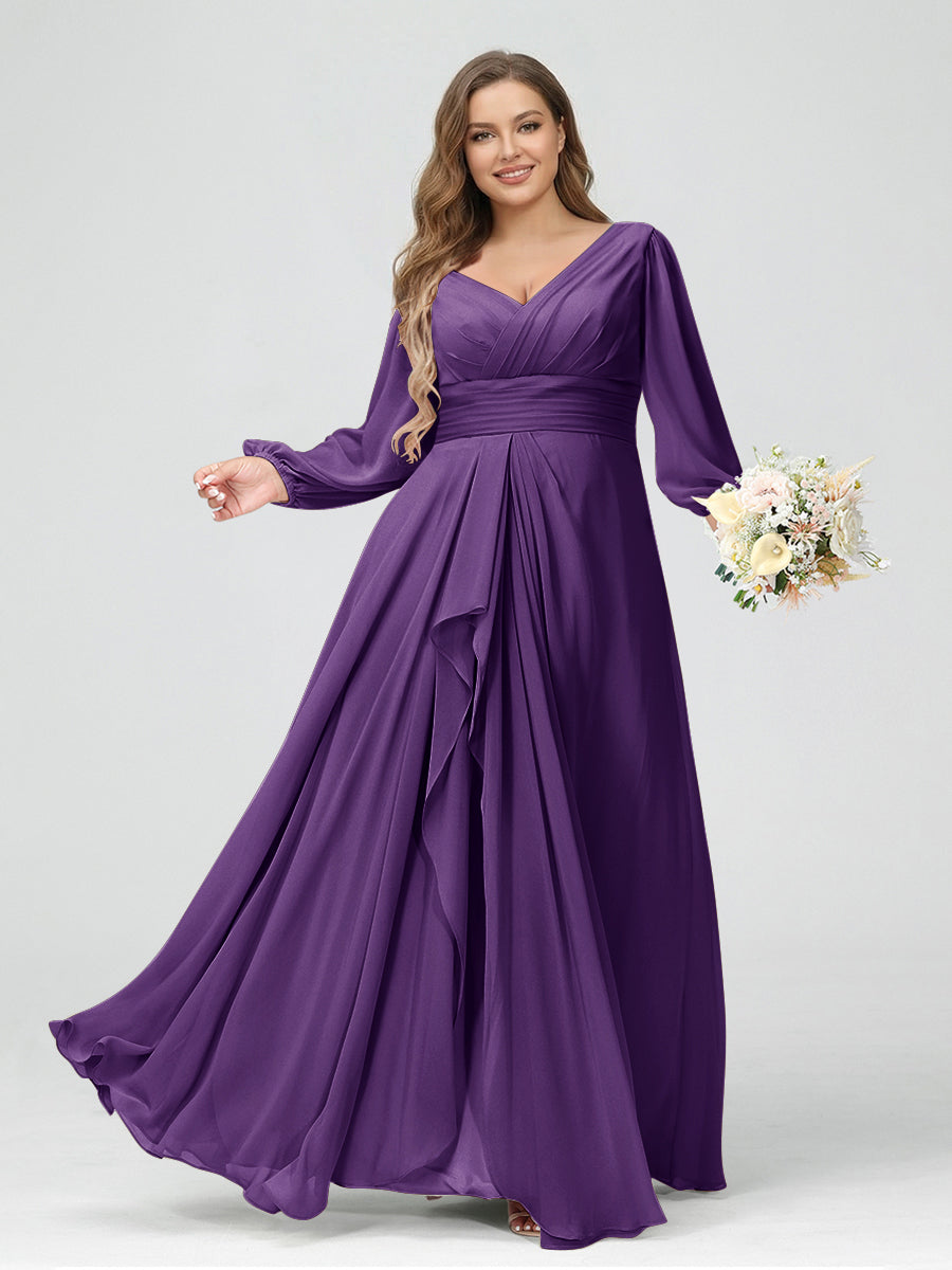 A-Line/Princess V-Neck Long Sleeves Chiffon Ruffles Plus Size Bridesmaid Dresses with Pockets Purple