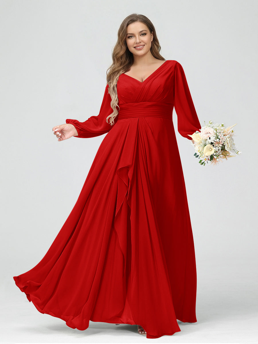 A-Line/Princess V-Neck Long Sleeves Chiffon Ruffles Plus Size Bridesmaid Dresses with Pockets Red