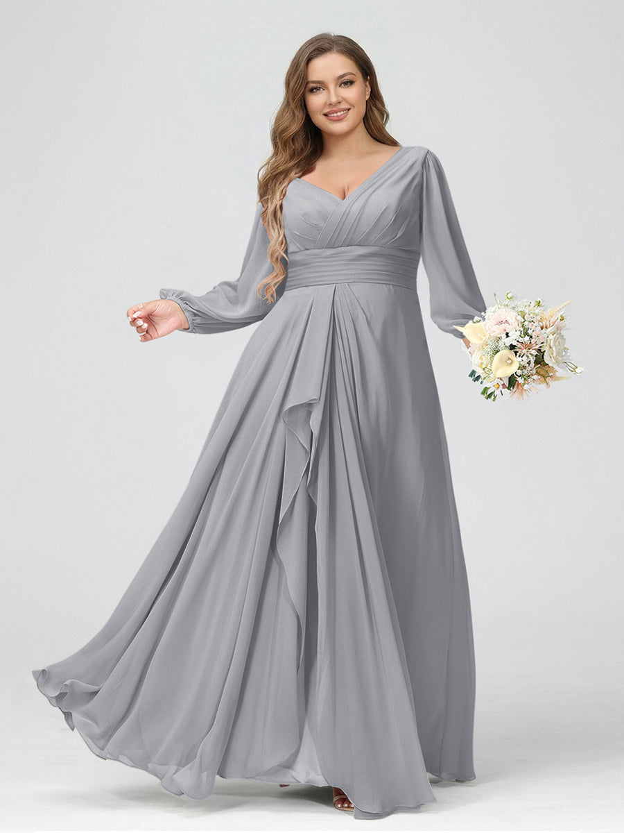 A-Line/Princess V-Neck Long Sleeves Chiffon Ruffles Plus Size Bridesmaid Dresses with Pockets Silver