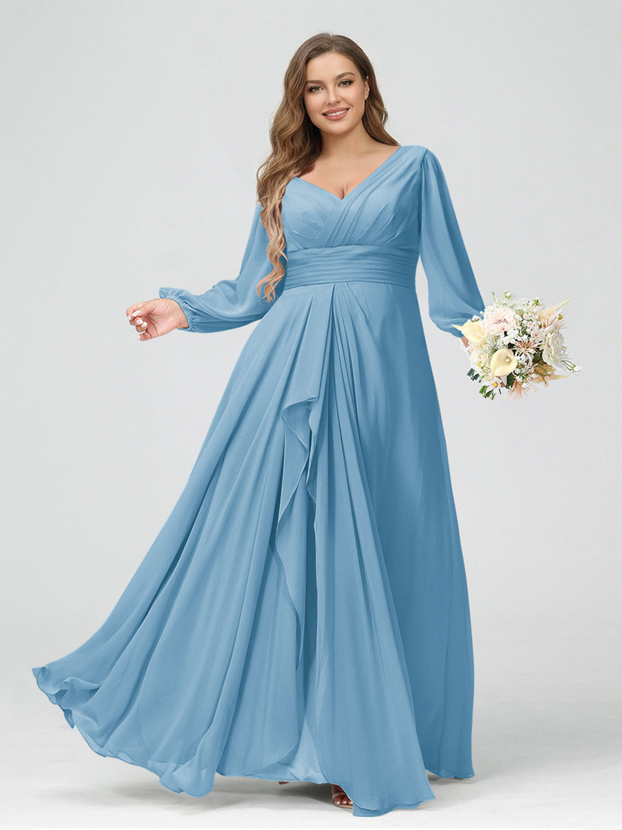 A-Line/Princess V-Neck Long Sleeves Chiffon Ruffles Plus Size Bridesmaid Dresses with Pockets Sky Blue