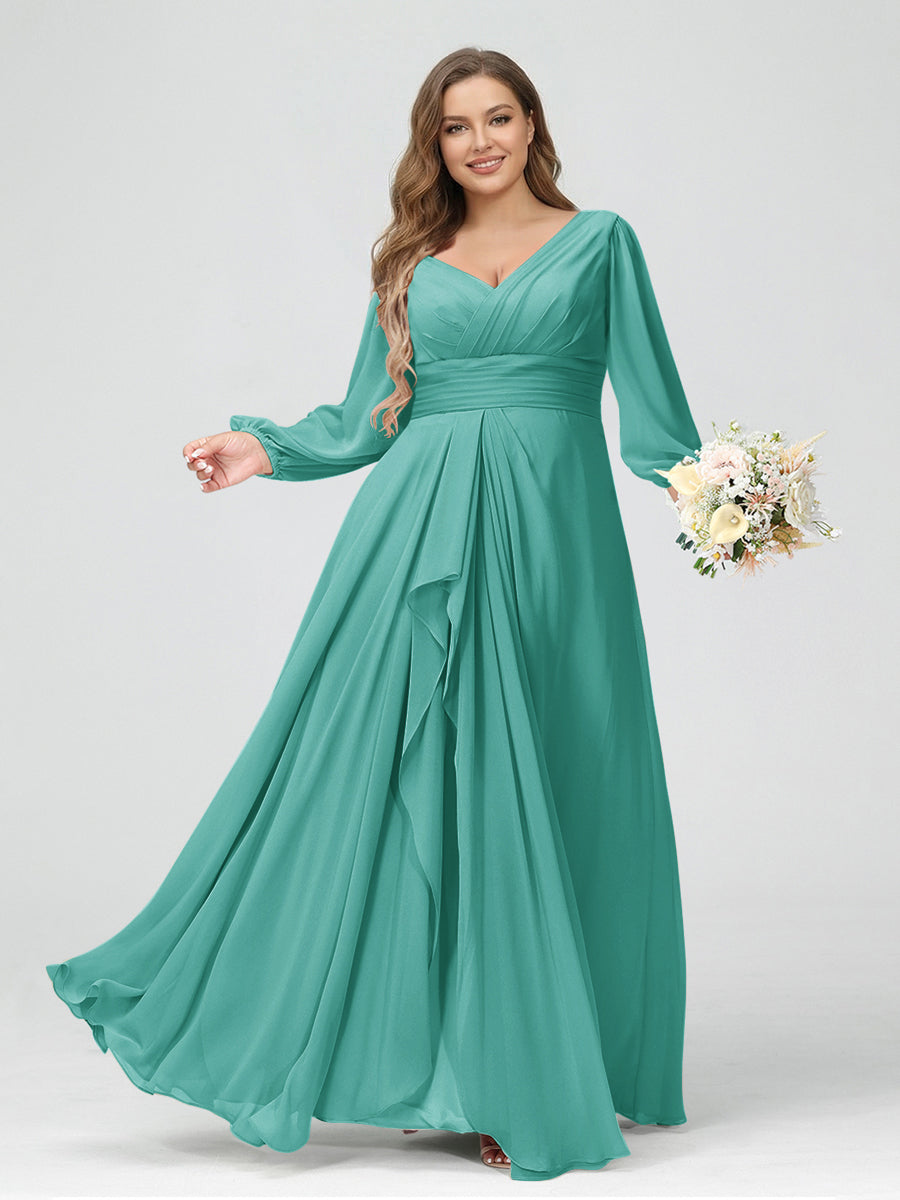 A-Line/Princess V-Neck Long Sleeves Chiffon Ruffles Plus Size Bridesmaid Dresses with Pockets Spa