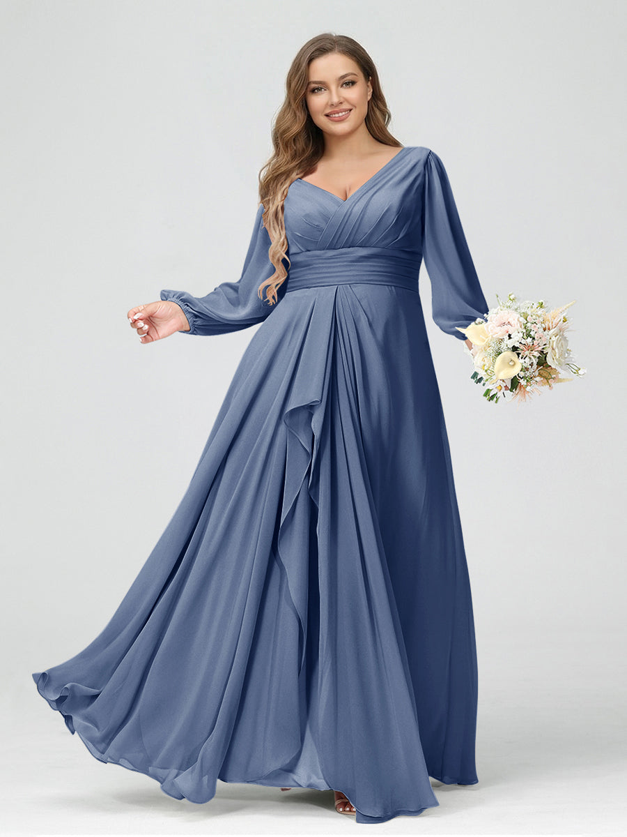 A-Line/Princess V-Neck Long Sleeves Chiffon Ruffles Plus Size Bridesmaid Dresses with Pockets Steel Blue