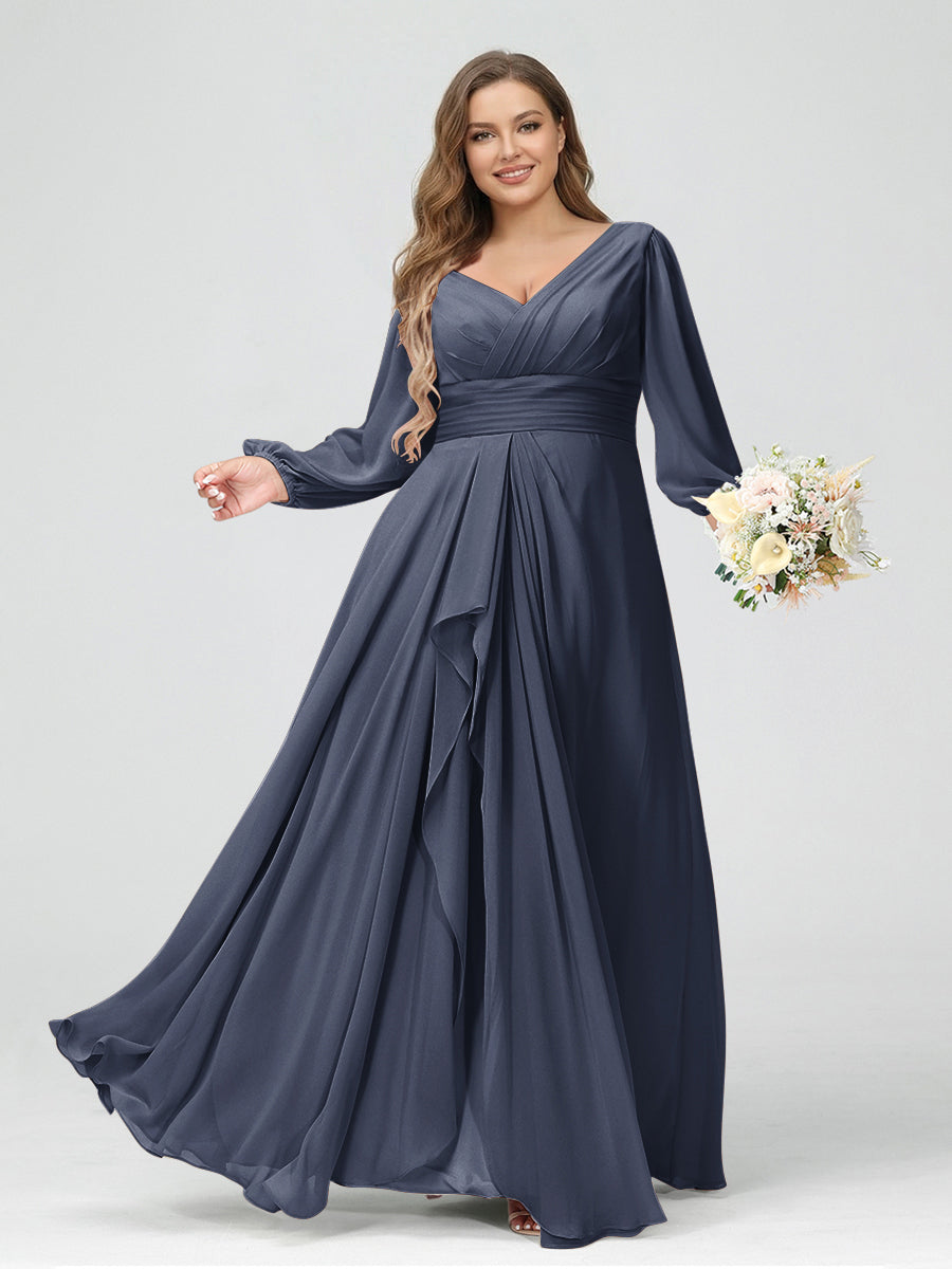 A-Line/Princess V-Neck Long Sleeves Chiffon Ruffles Plus Size Bridesmaid Dresses with Pockets Stormy Blue