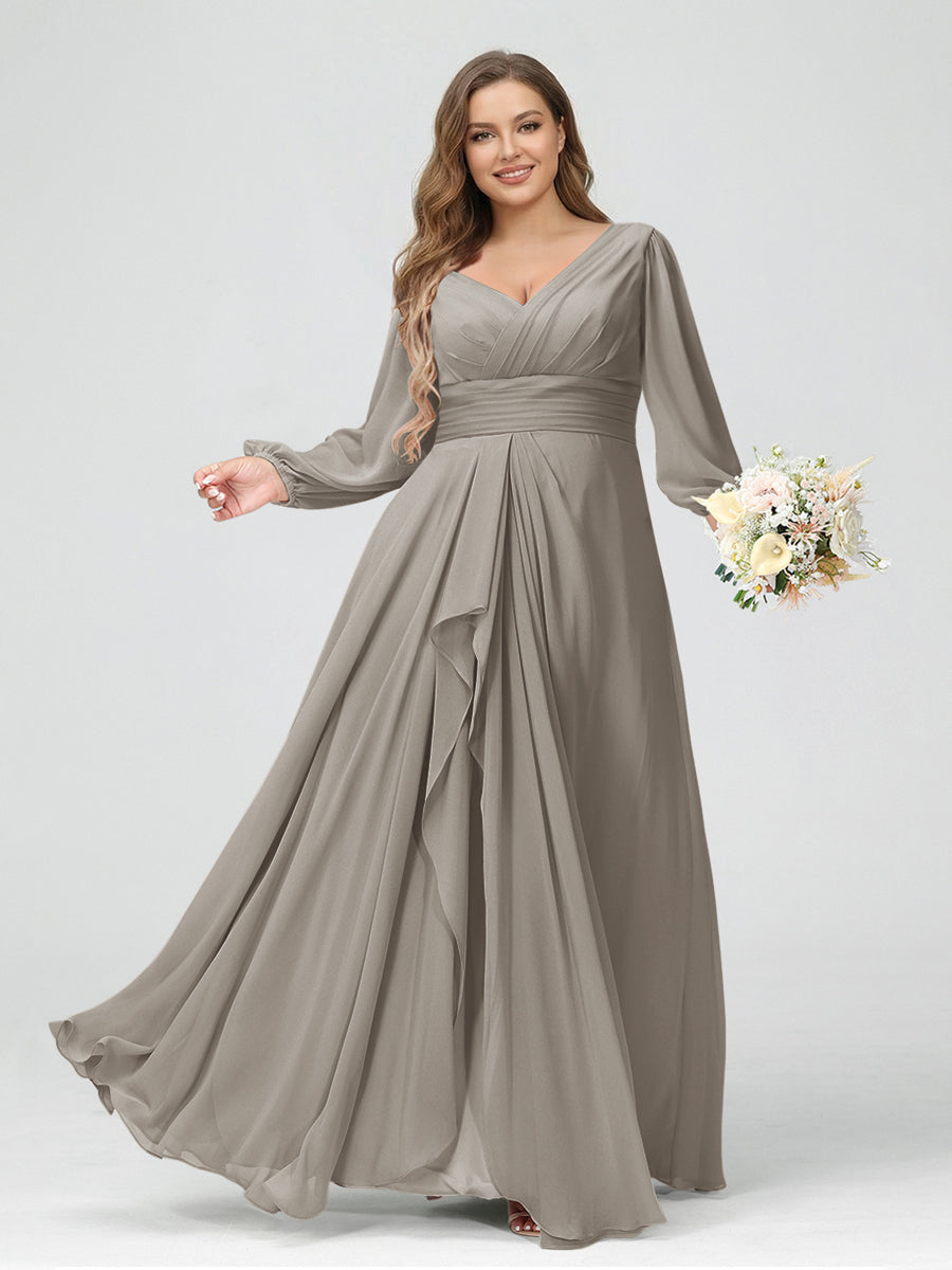 A-Line/Princess V-Neck Long Sleeves Chiffon Ruffles Plus Size Bridesmaid Dresses with Pockets Taupe