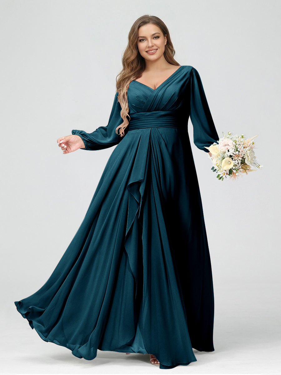 A-Line/Princess V-Neck Long Sleeves Chiffon Ruffles Plus Size Bridesmaid Dresses with Pockets Teal