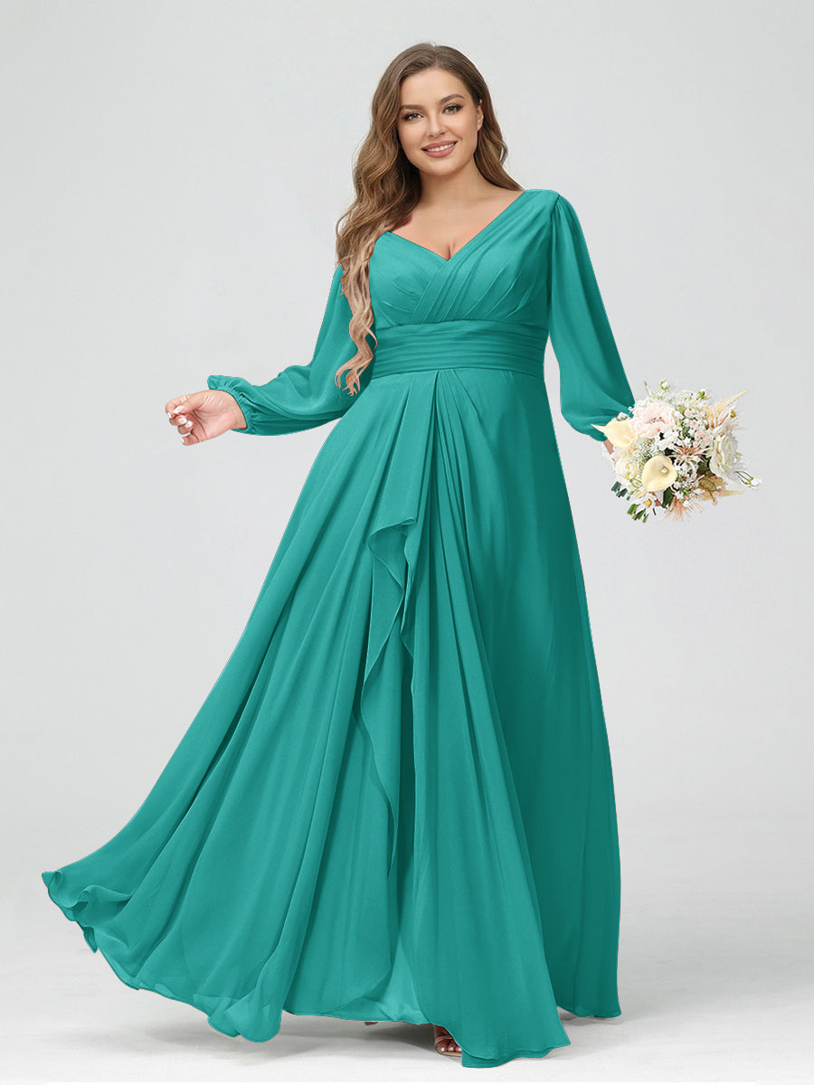 A-Line/Princess V-Neck Long Sleeves Chiffon Ruffles Plus Size Bridesmaid Dresses with Pockets Turquoise