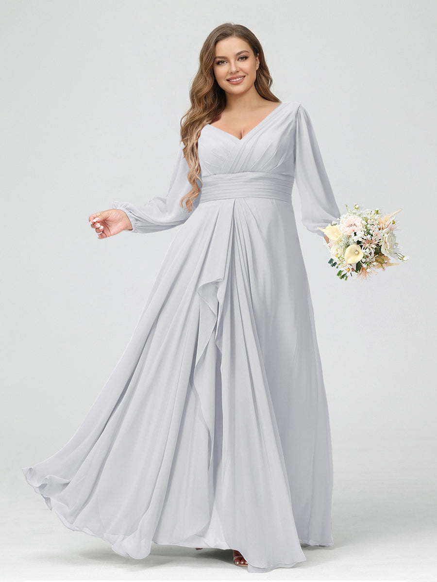 A-Line/Princess V-Neck Long Sleeves Chiffon Ruffles Plus Size Bridesmaid Dresses with Pockets White