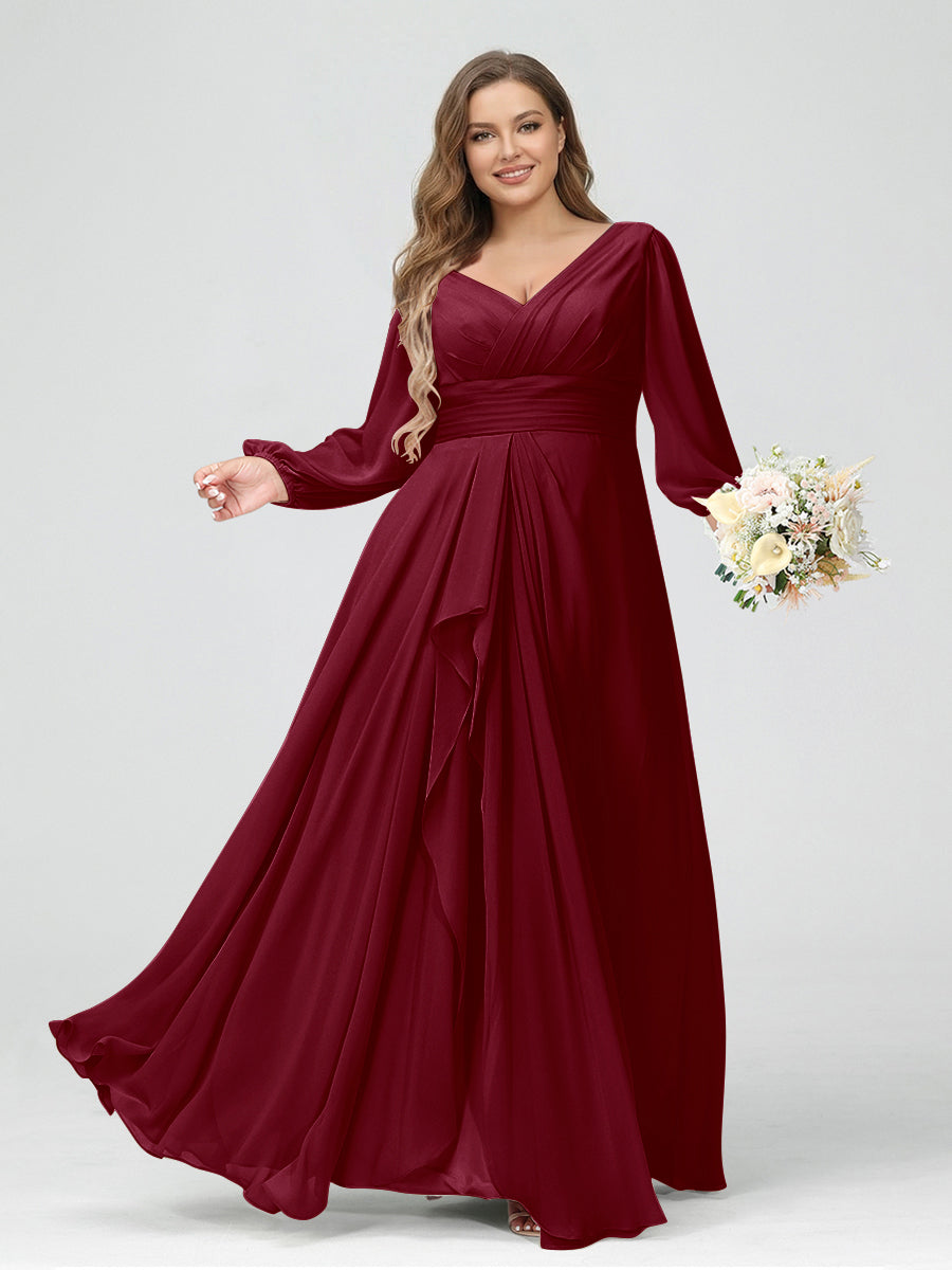 A-Line/Princess V-Neck Long Sleeves Chiffon Ruffles Plus Size Bridesmaid Dresses with Pockets Wine Red