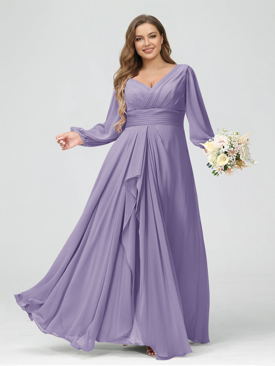 A-Line/Princess V-Neck Long Sleeves Chiffon Ruffles Plus Size Bridesmaid Dresses with Pockets Wisteria