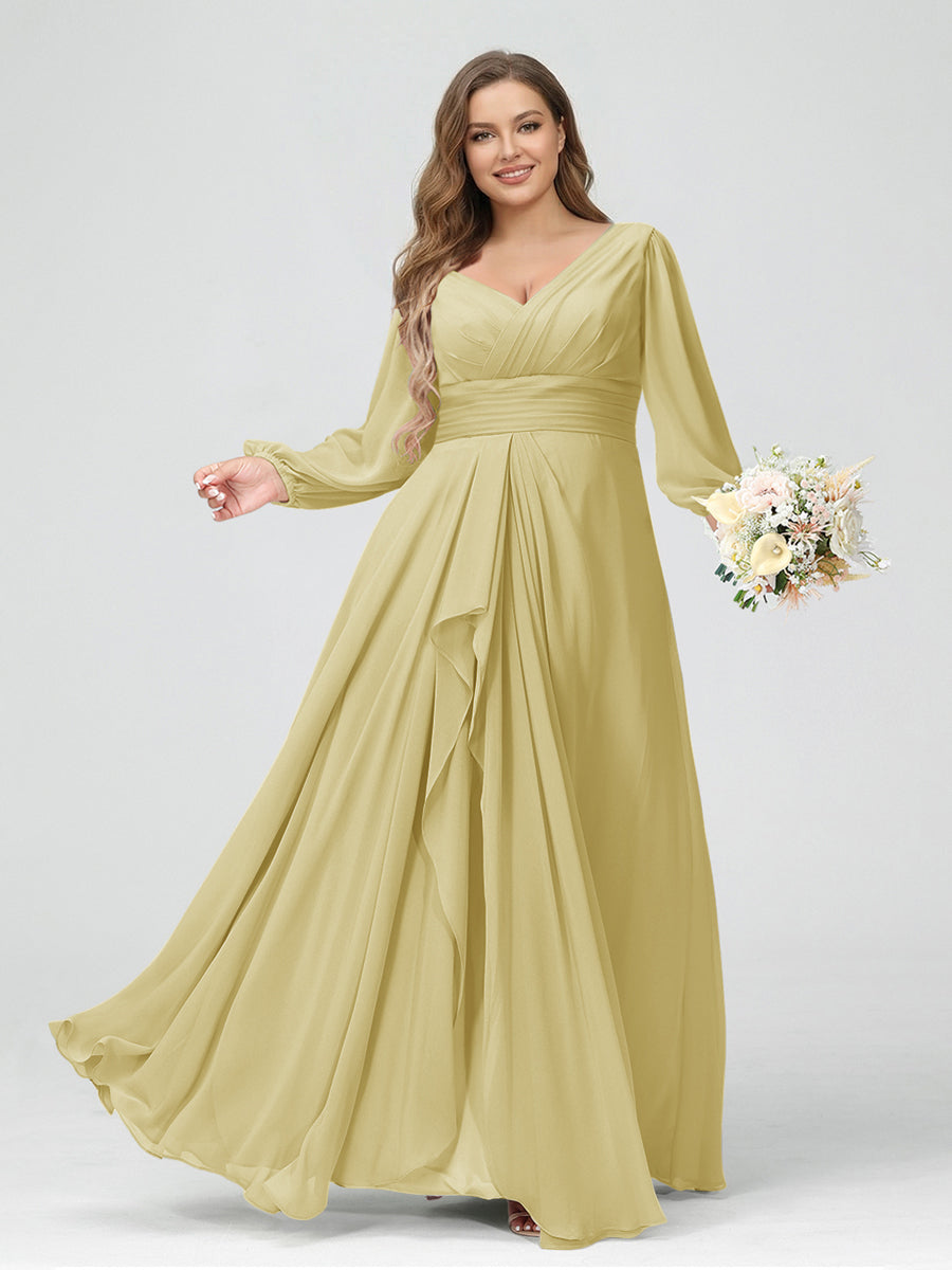 A-Line/Princess V-Neck Long Sleeves Chiffon Ruffles Plus Size Bridesmaid Dresses with Pockets Yellow