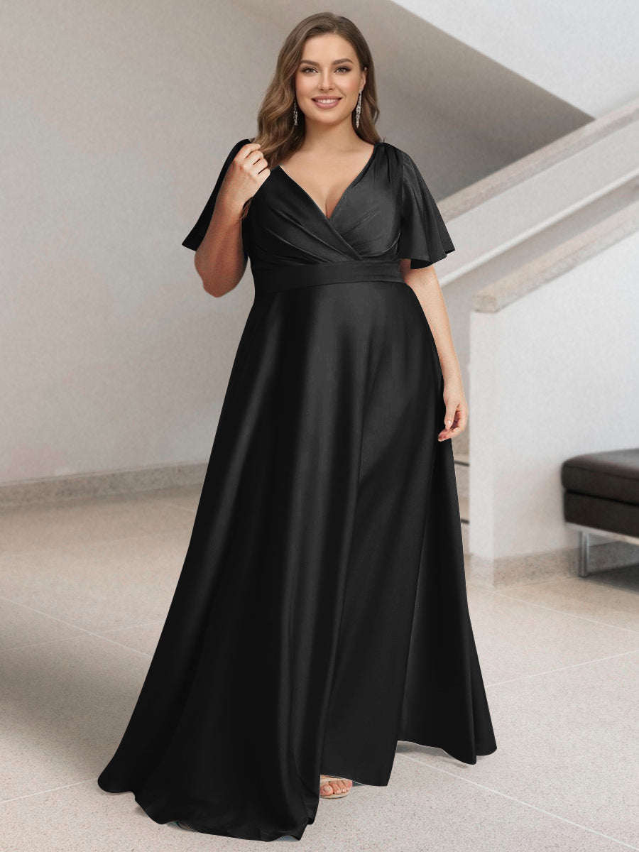 A-Line/Princess V-Neck Short Sleeves Silk Satin Plus Size Bridesmaid Dresses with Pockets Black