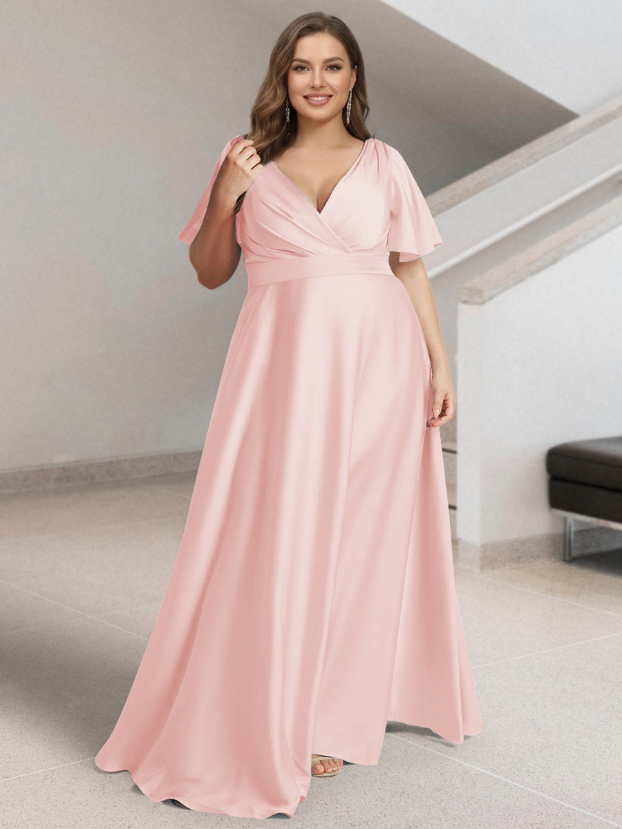 A-Line/Princess V-Neck Short Sleeves Silk Satin Plus Size Bridesmaid Dresses with Pockets Blush Pink