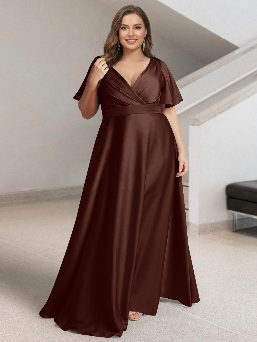 A-Line/Princess V-Neck Short Sleeves Silk Satin Plus Size Bridesmaid Dresses with Pockets Brown