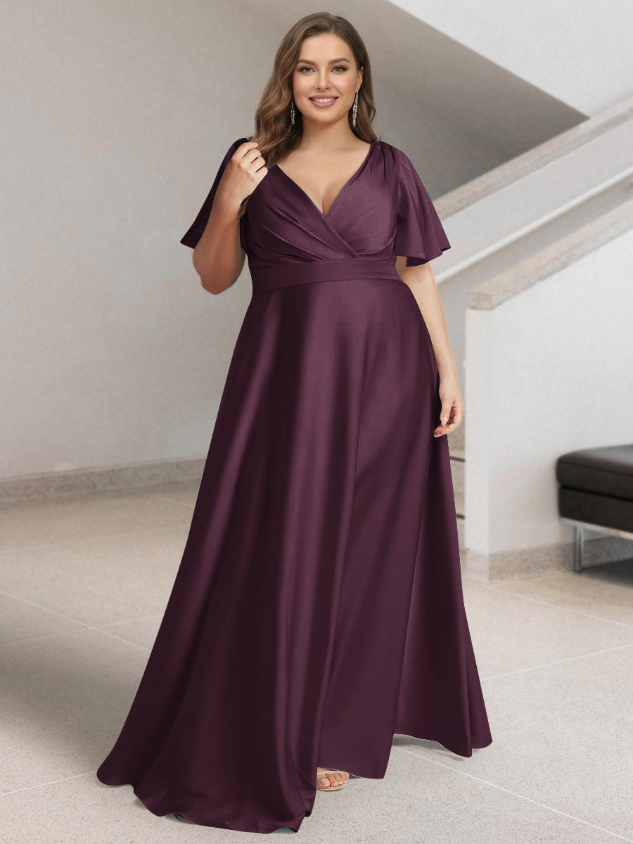 A-Line/Princess V-Neck Short Sleeves Silk Satin Plus Size Bridesmaid Dresses with Pockets Burgundy