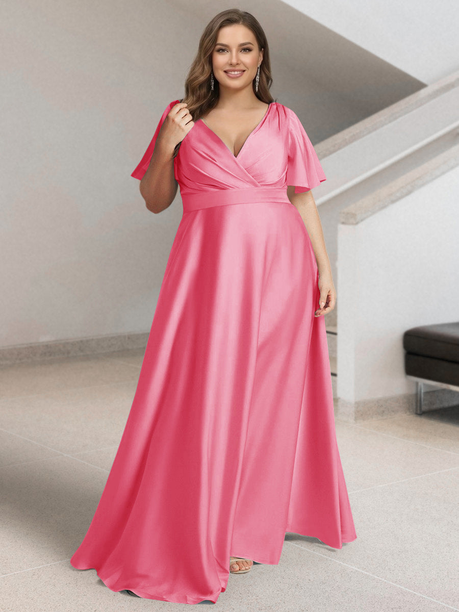 A-Line/Princess V-Neck Short Sleeves Silk Satin Plus Size Bridesmaid Dresses with Pockets Coral
