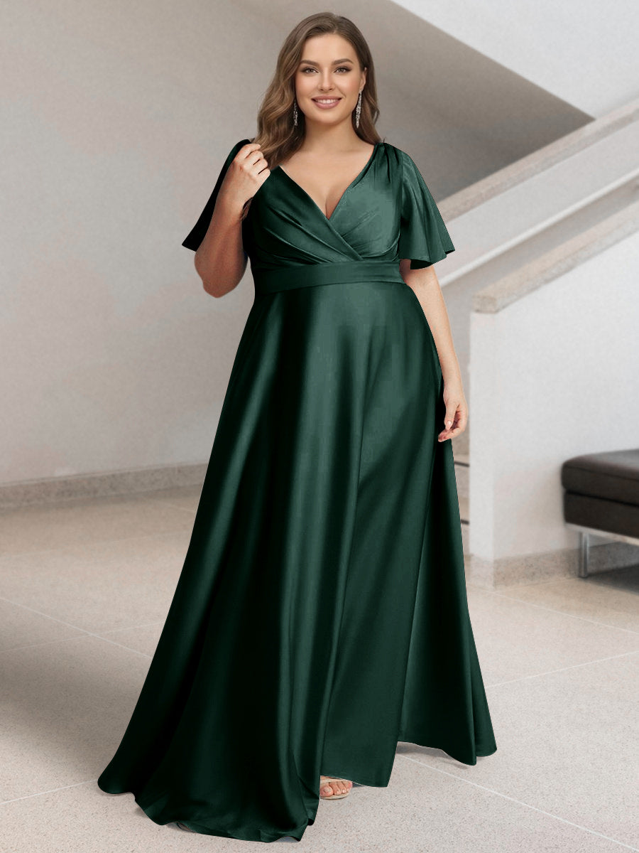 A-Line/Princess V-Neck Short Sleeves Silk Satin Plus Size Bridesmaid Dresses with Pockets Dark Green