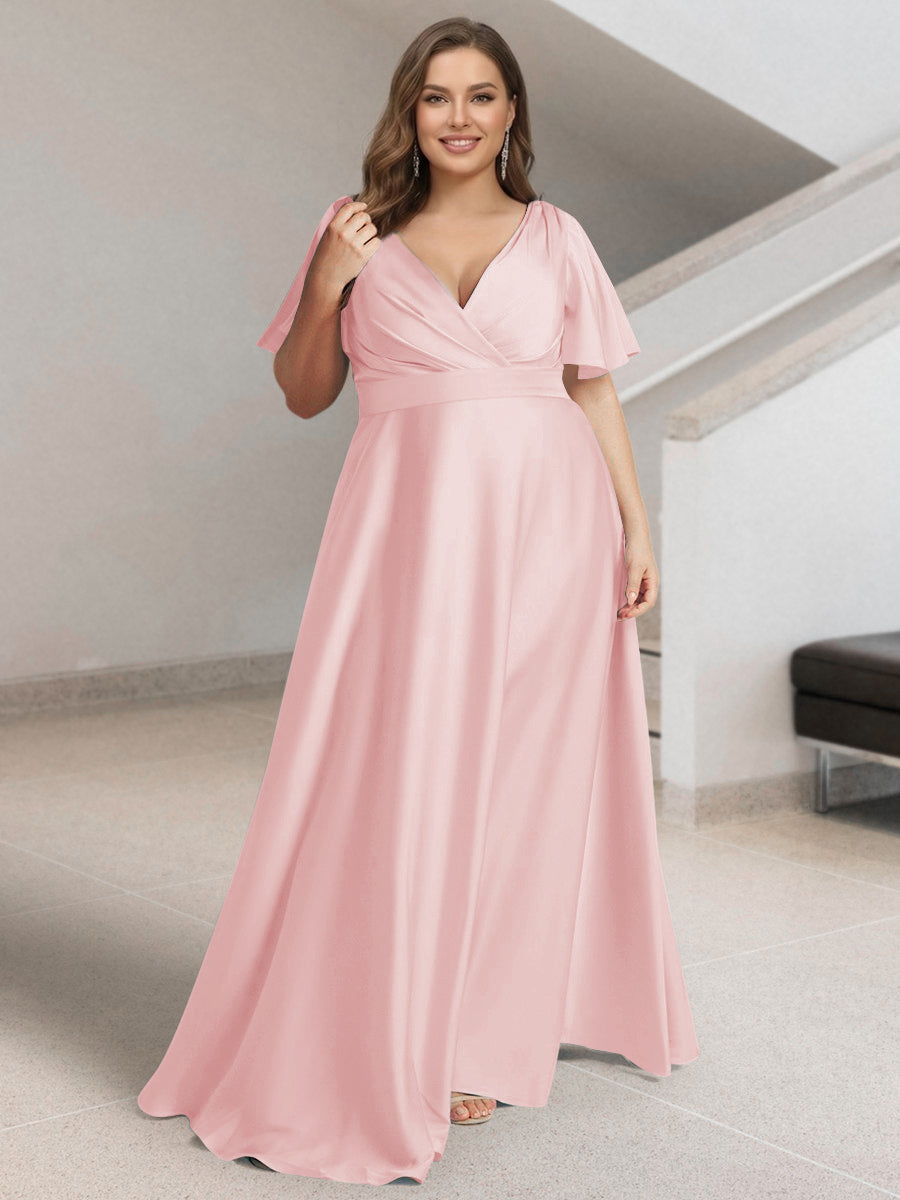 A-Line/Princess V-Neck Short Sleeves Silk Satin Plus Size Bridesmaid Dresses with Pockets Dusty Pink