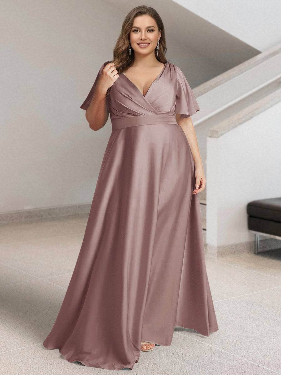 A-Line/Princess V-Neck Short Sleeves Silk Satin Plus Size Bridesmaid Dresses with Pockets Dusty Rose