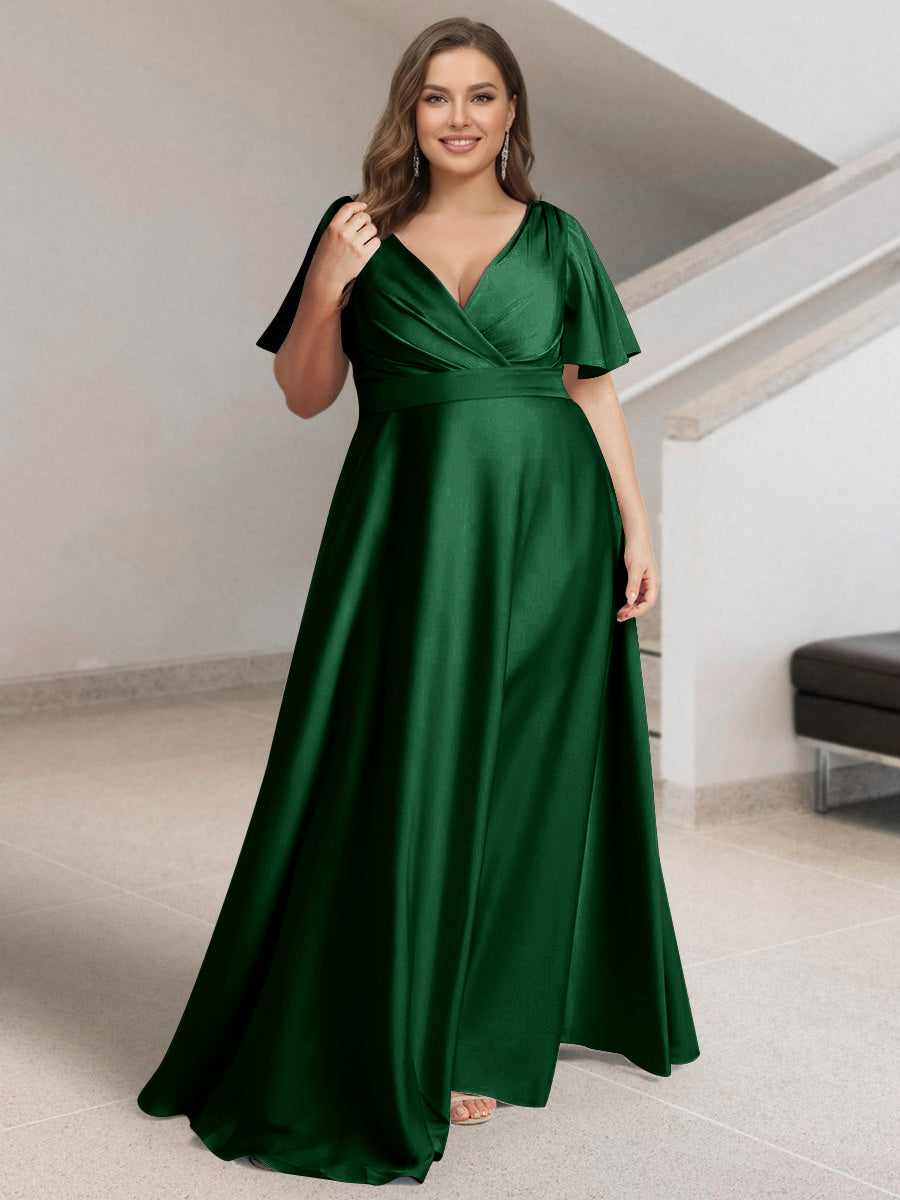 A-Line/Princess V-Neck Short Sleeves Silk Satin Plus Size Bridesmaid Dresses with Pockets Emerald