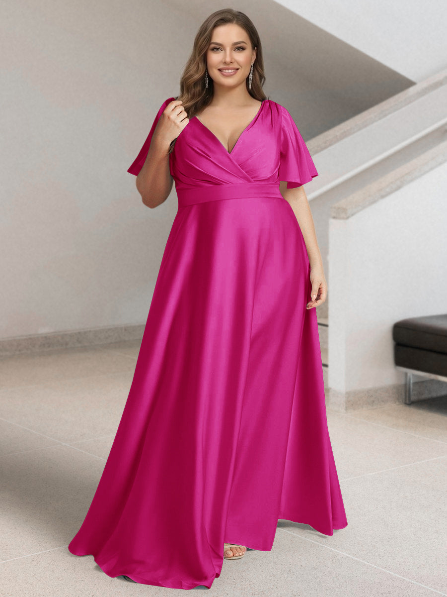 A-Line/Princess V-Neck Short Sleeves Silk Satin Plus Size Bridesmaid Dresses with Pockets Fuchsia