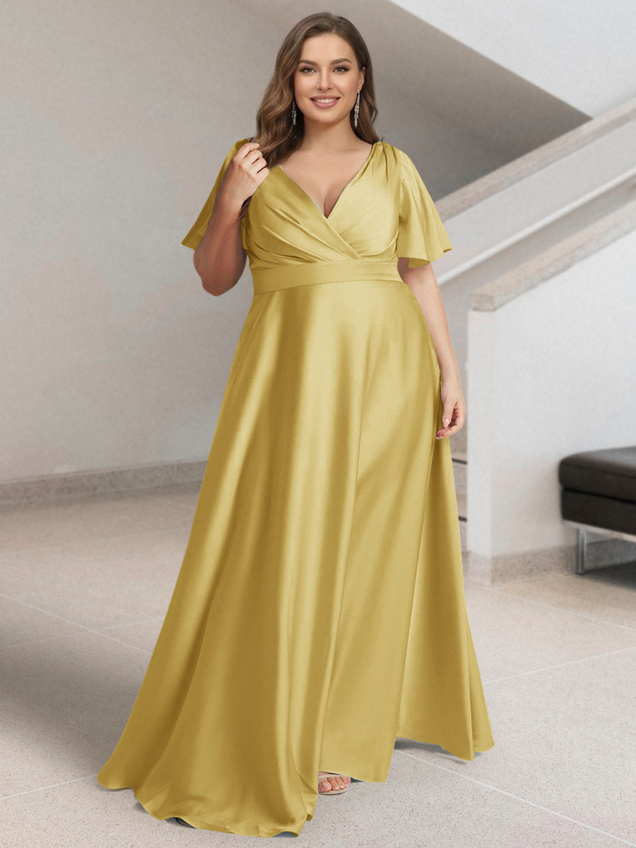 A-Line/Princess V-Neck Short Sleeves Silk Satin Plus Size Bridesmaid Dresses with Pockets Gold