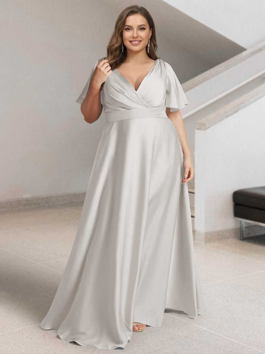A-Line/Princess V-Neck Short Sleeves Silk Satin Plus Size Bridesmaid Dresses with Pockets Ivory