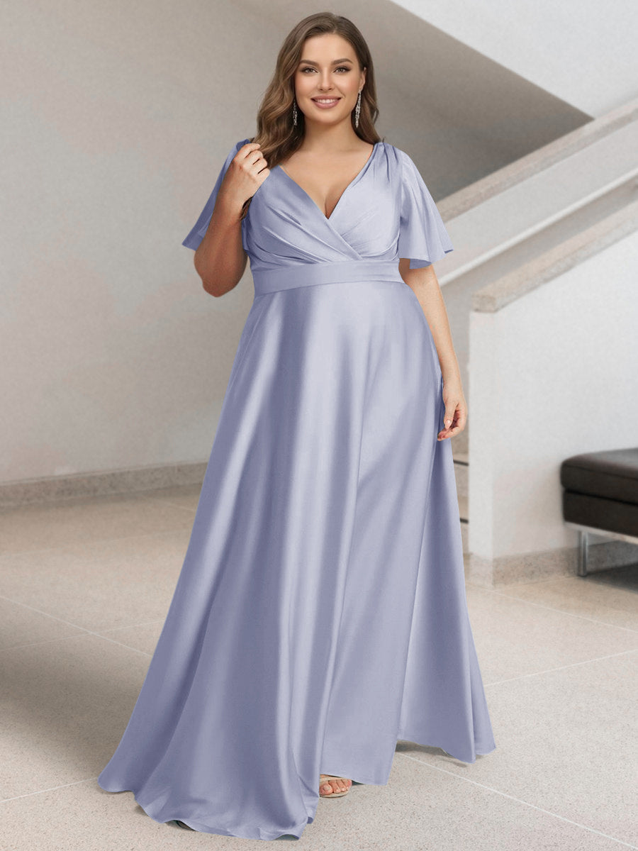 A-Line/Princess V-Neck Short Sleeves Silk Satin Plus Size Bridesmaid Dresses with Pockets Lavender