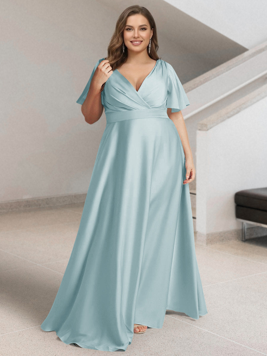 A-Line/Princess V-Neck Short Sleeves Silk Satin Plus Size Bridesmaid Dresses with Pockets Light Blue