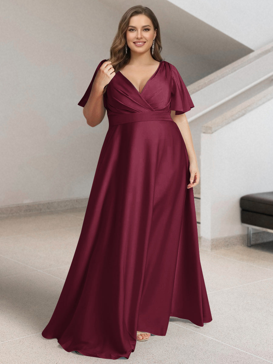 A-Line/Princess V-Neck Short Sleeves Silk Satin Plus Size Bridesmaid Dresses with Pockets Light Burgundy
