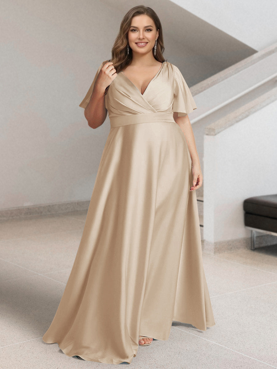 A-Line/Princess V-Neck Short Sleeves Silk Satin Plus Size Bridesmaid Dresses with Pockets Light Champagne