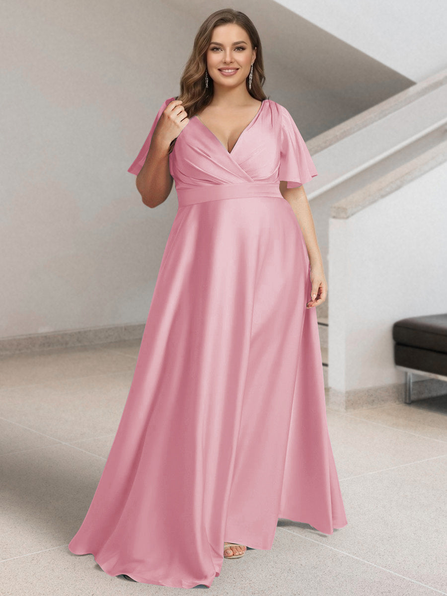 A-Line/Princess V-Neck Short Sleeves Silk Satin Plus Size Bridesmaid Dresses with Pockets Light Pink