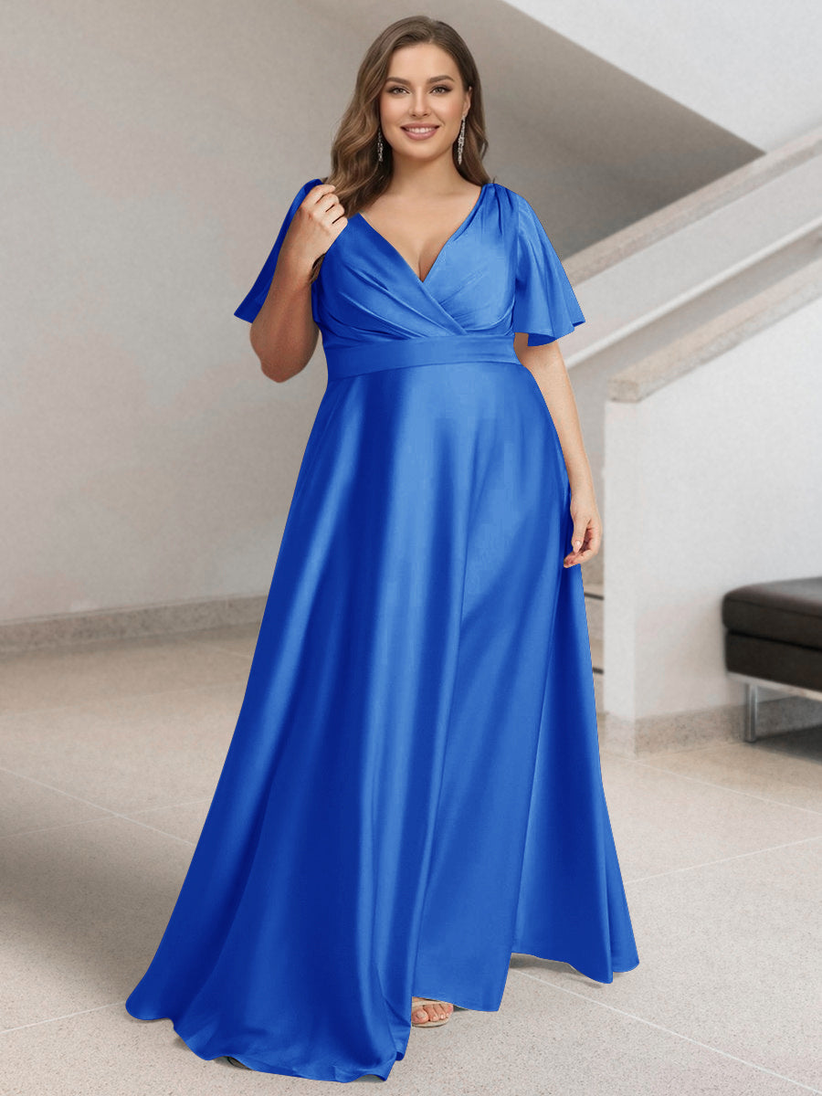 A-Line/Princess V-Neck Short Sleeves Silk Satin Plus Size Bridesmaid Dresses with Pockets Light Royal Blue