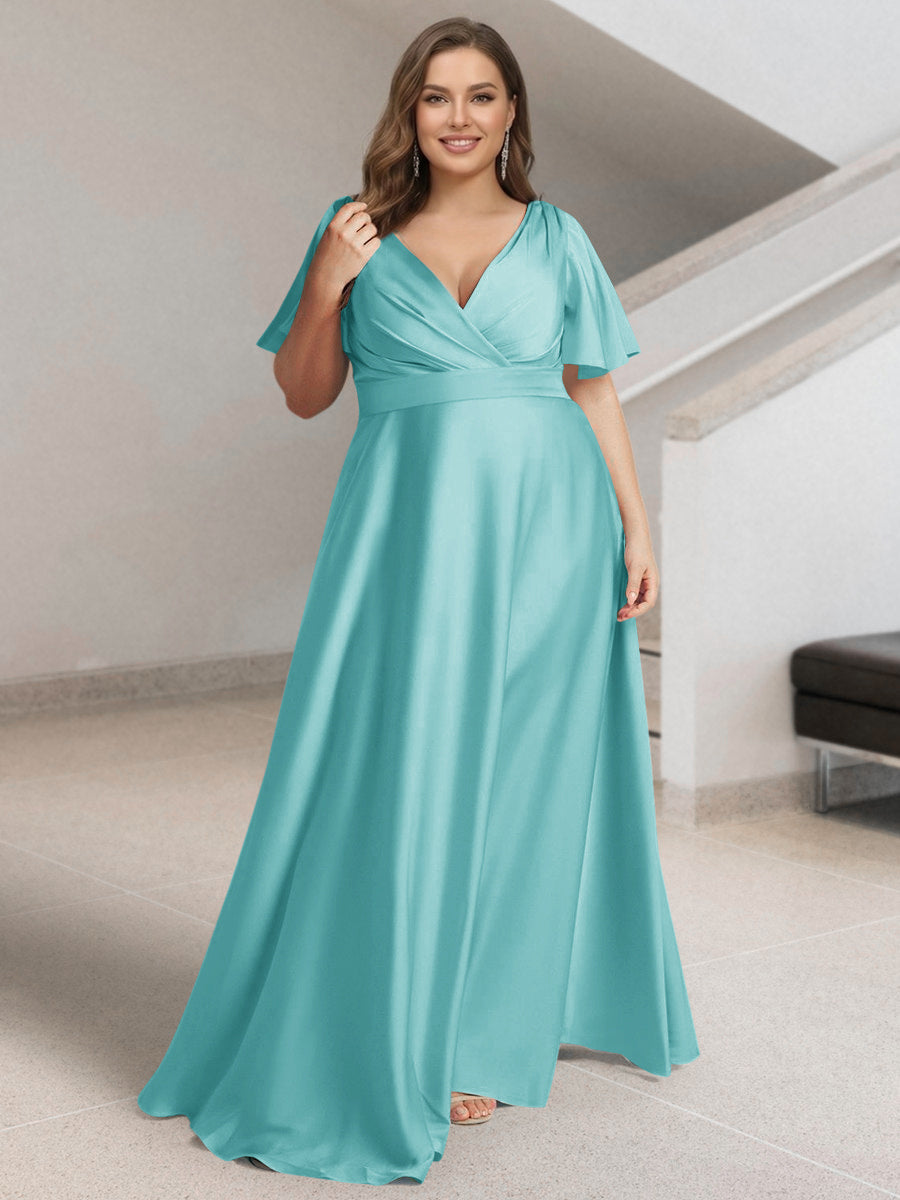 A-Line/Princess V-Neck Short Sleeves Silk Satin Plus Size Bridesmaid Dresses with Pockets Light Sky Blue