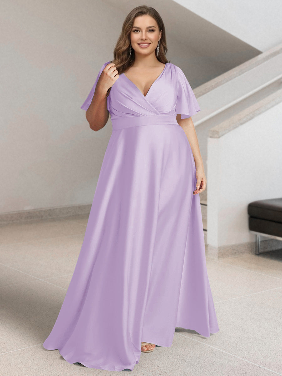 A-Line/Princess V-Neck Short Sleeves Silk Satin Plus Size Bridesmaid Dresses with Pockets Lilac