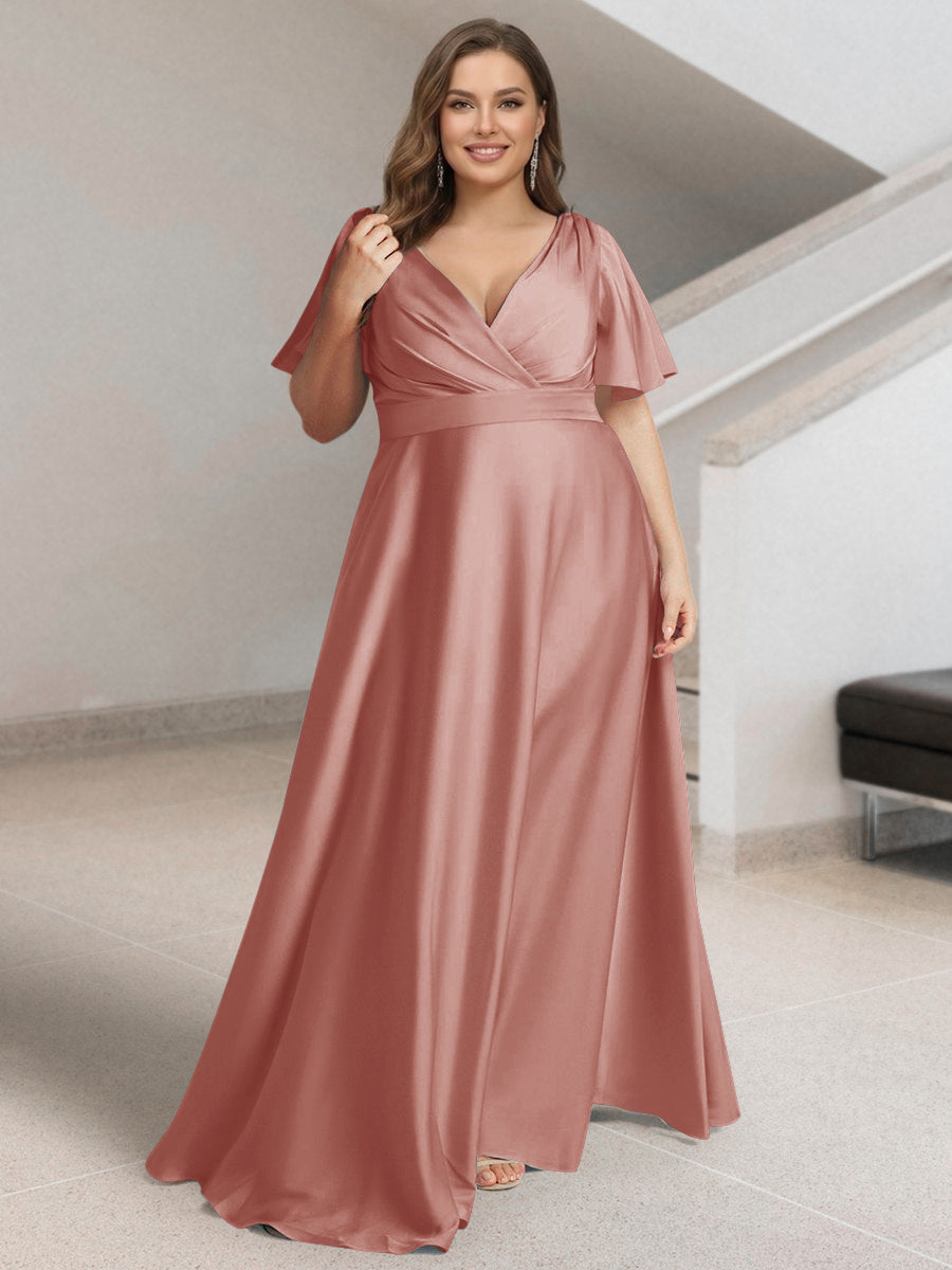 A-Line/Princess V-Neck Short Sleeves Silk Satin Plus Size Bridesmaid Dresses with Pockets Mauve