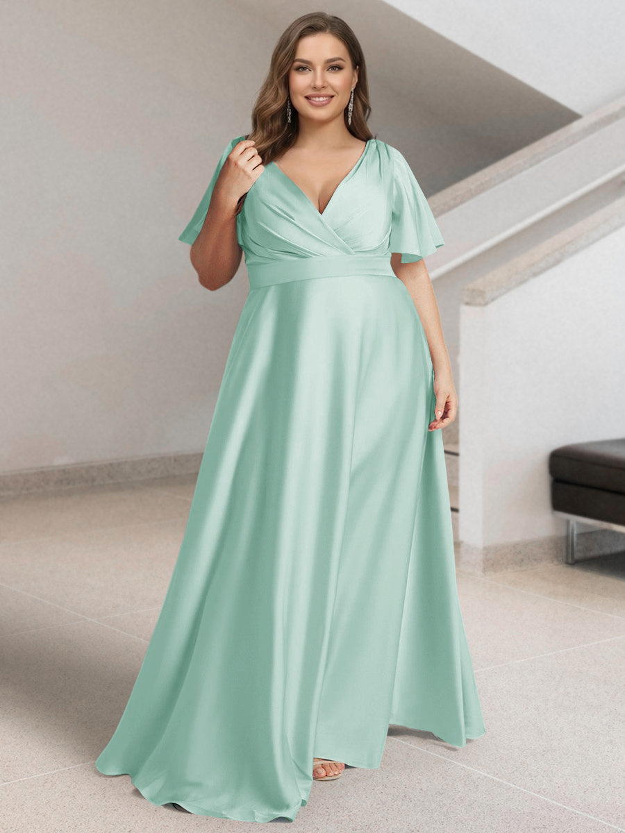 A-Line/Princess V-Neck Short Sleeves Silk Satin Plus Size Bridesmaid Dresses with Pockets Mist Blue