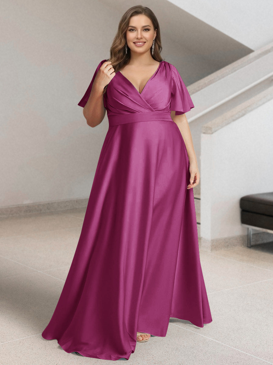 A-Line/Princess V-Neck Short Sleeves Silk Satin Plus Size Bridesmaid Dresses with Pockets Mulberry