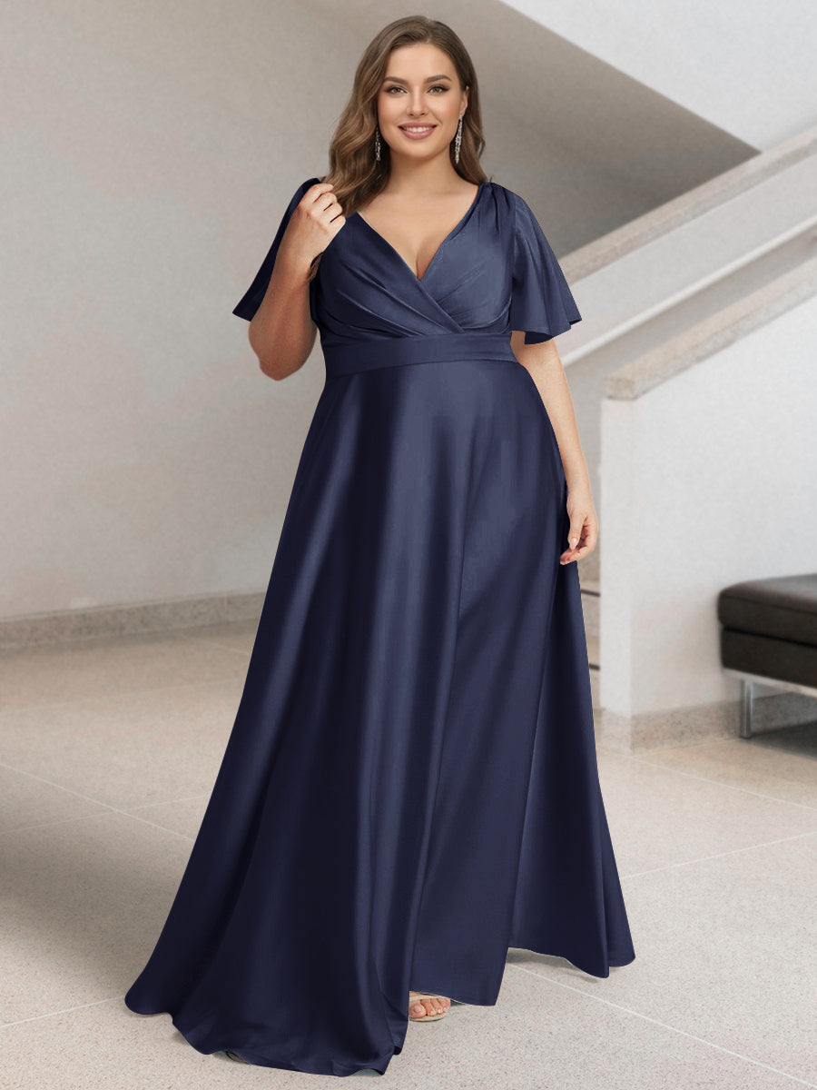 A-Line/Princess V-Neck Short Sleeves Silk Satin Plus Size Bridesmaid Dresses with Pockets Navy Blue