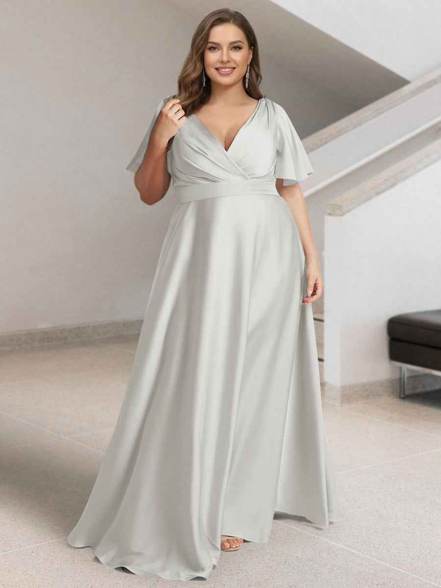 A-Line/Princess V-Neck Short Sleeves Silk Satin Plus Size Bridesmaid Dresses with Pockets Off White
