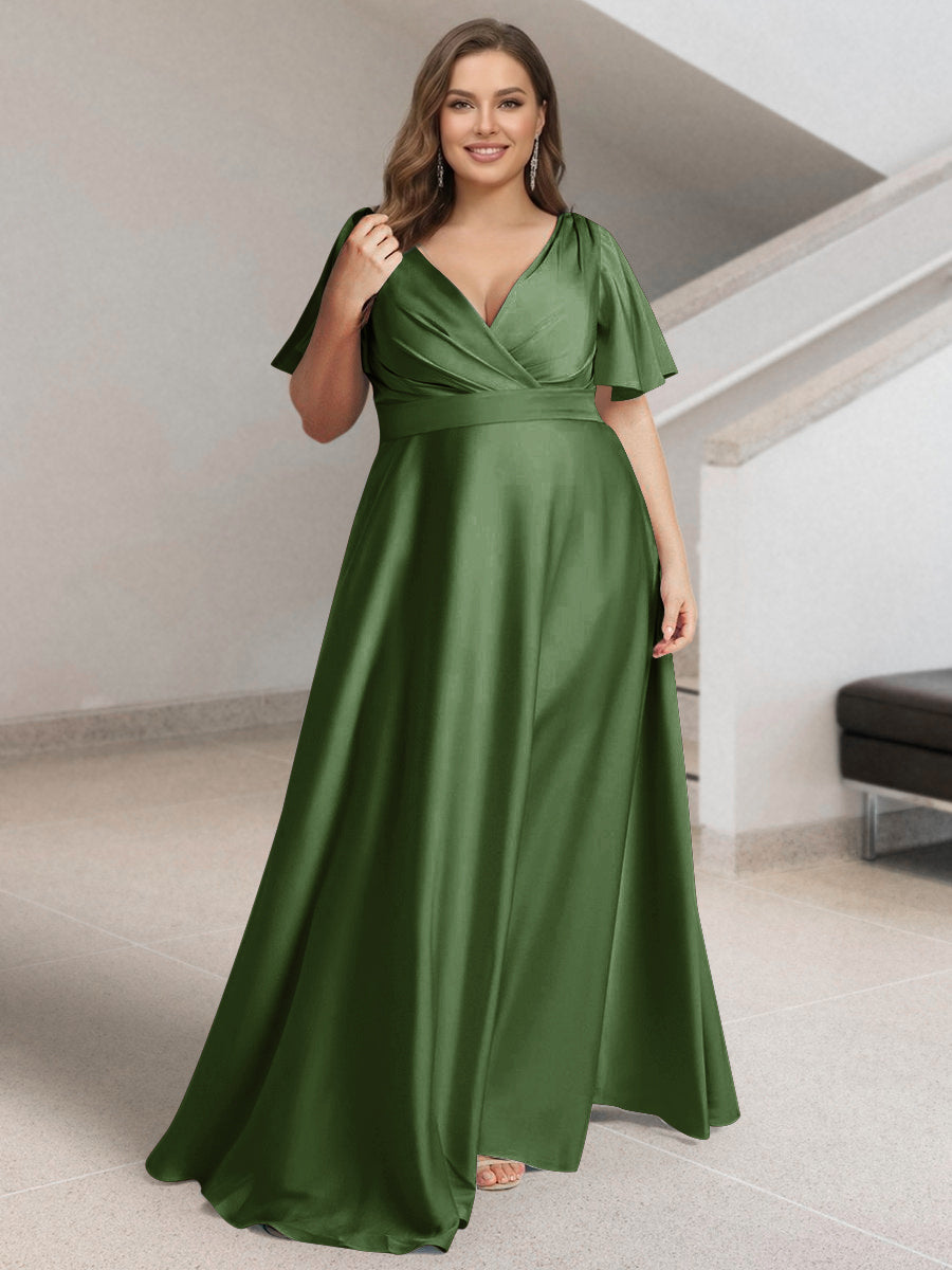 A-Line/Princess V-Neck Short Sleeves Silk Satin Plus Size Bridesmaid Dresses with Pockets Olive Green