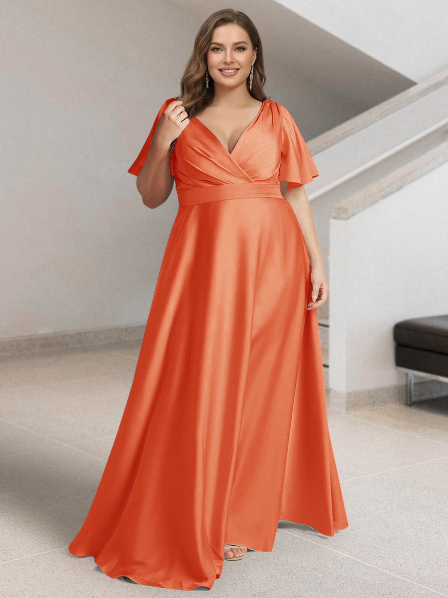 A-Line/Princess V-Neck Short Sleeves Silk Satin Plus Size Bridesmaid Dresses with Pockets Orange