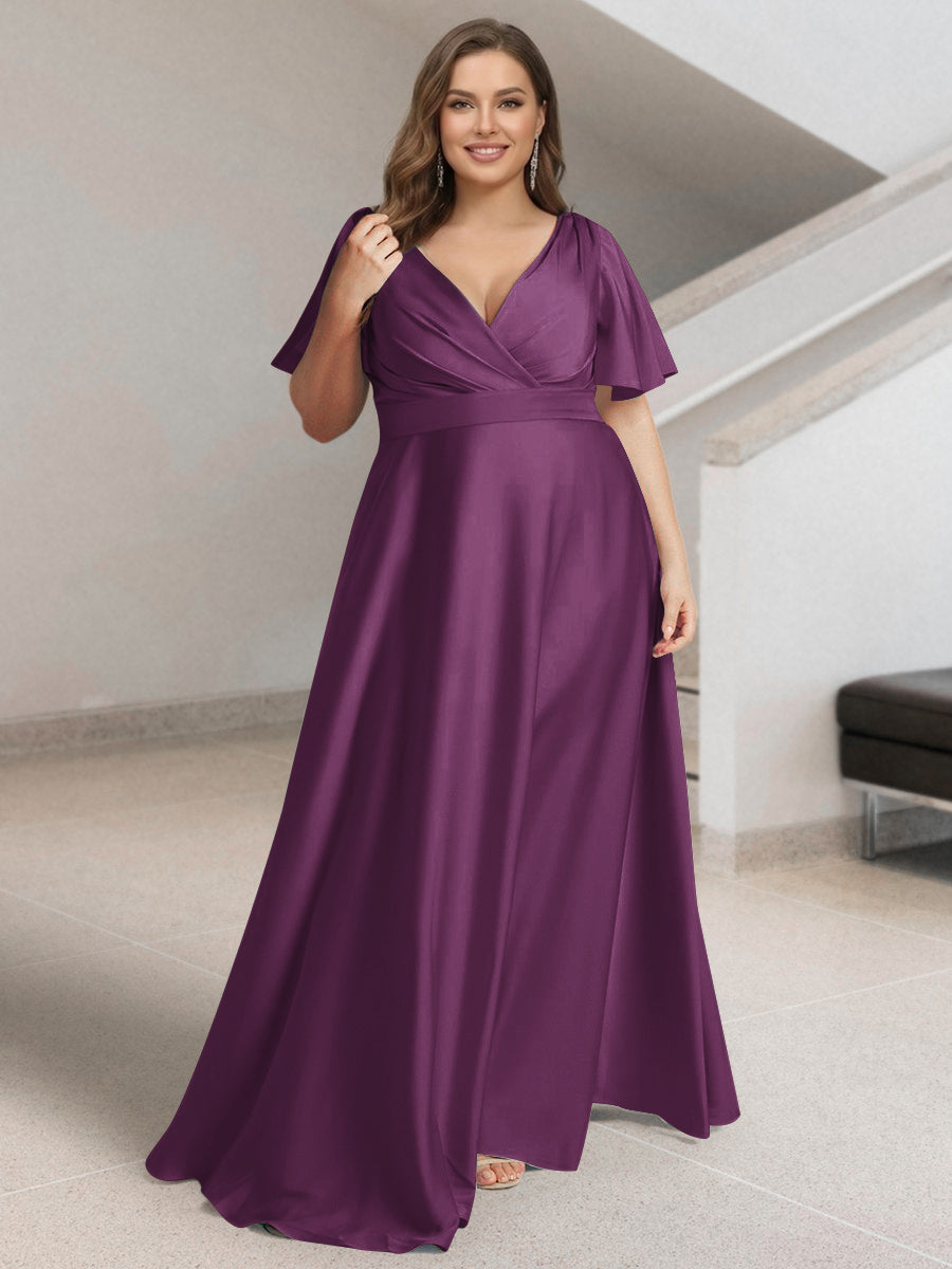 A-Line/Princess V-Neck Short Sleeves Silk Satin Plus Size Bridesmaid Dresses with Pockets Orchid