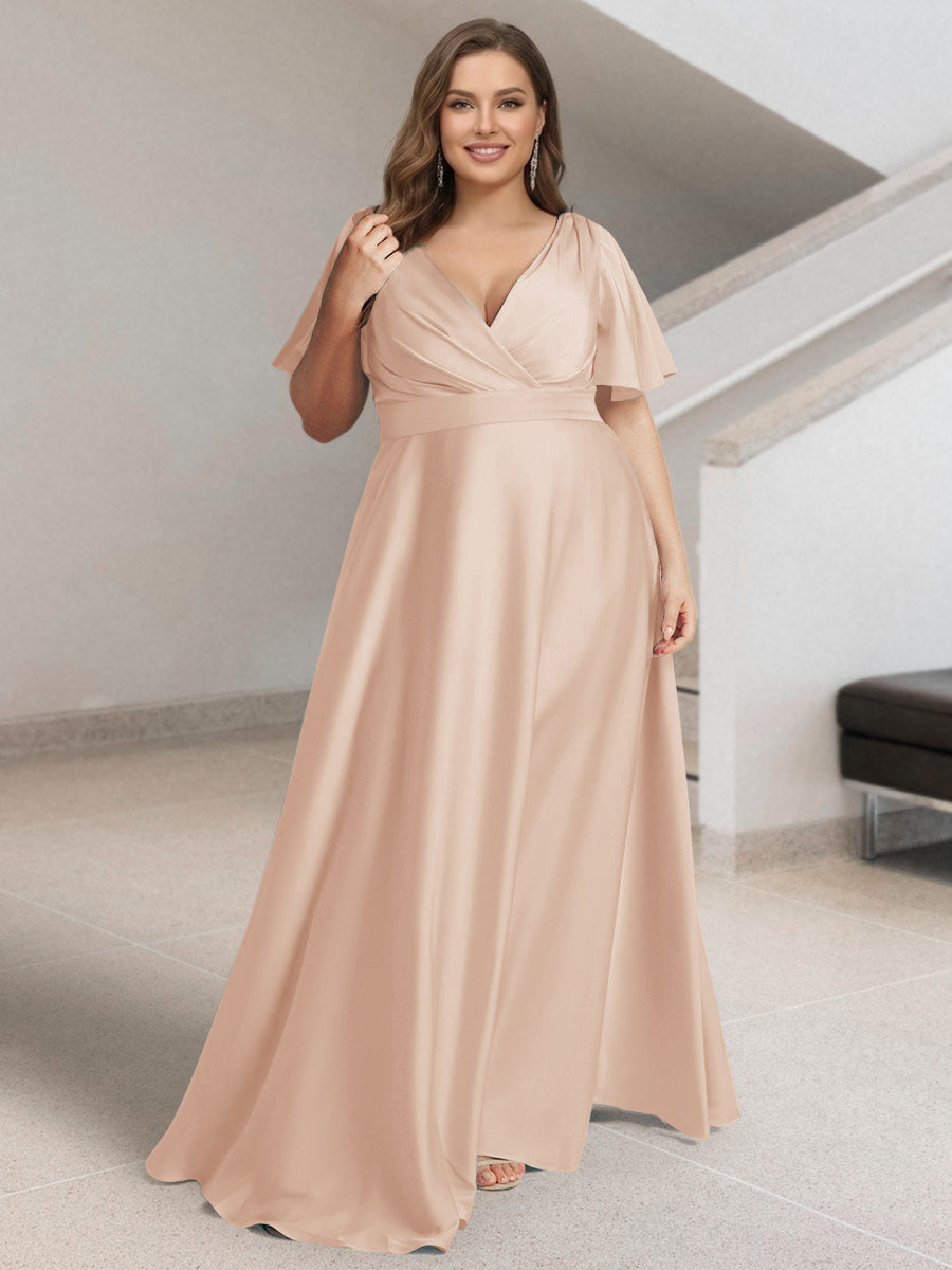 A-Line/Princess V-Neck Short Sleeves Silk Satin Plus Size Bridesmaid Dresses with Pockets Peach Pink