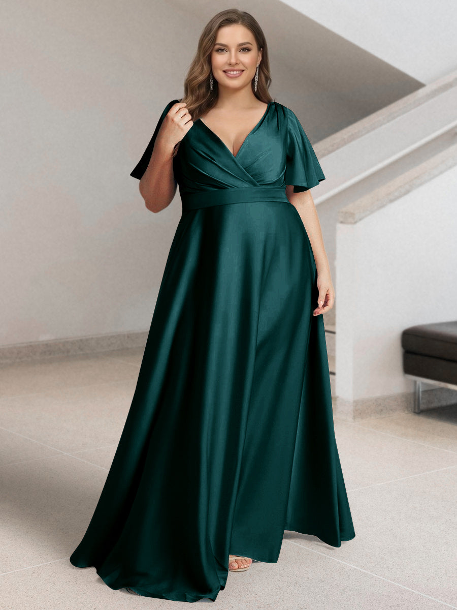 A-Line/Princess V-Neck Short Sleeves Silk Satin Plus Size Bridesmaid Dresses with Pockets Peacock