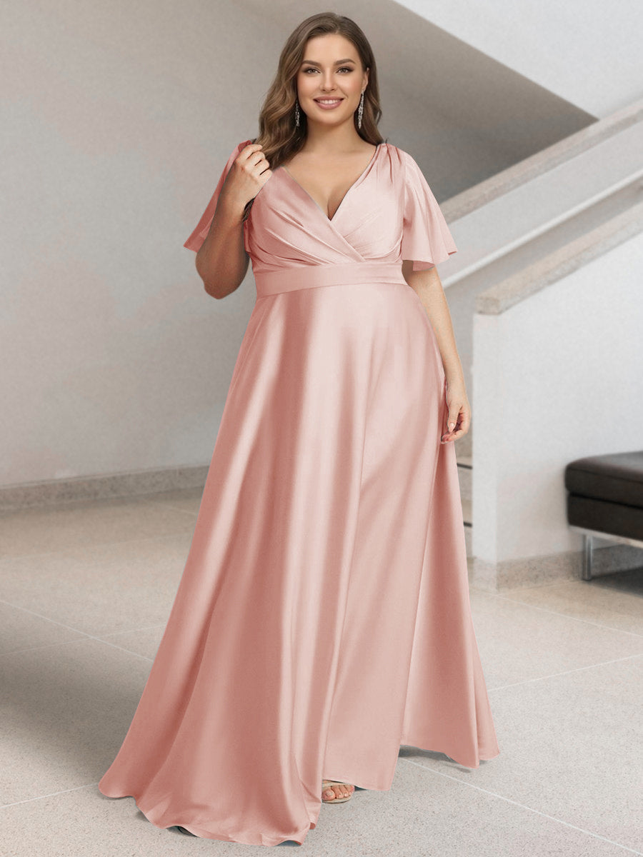 A-Line/Princess V-Neck Short Sleeves Silk Satin Plus Size Bridesmaid Dresses with Pockets Pearl Pink